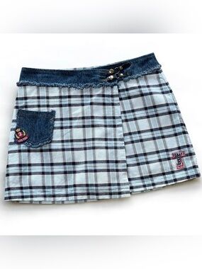 Limited Too Blue Denim Plaid Skort Sz 7 JR (Juniors) Y2K Mini Skirt Rhinestones